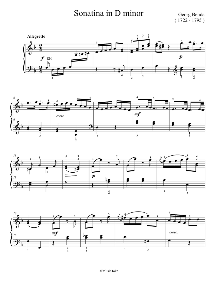 Benda Sonatina in D minor Easy Piano scores gallery preview page 1