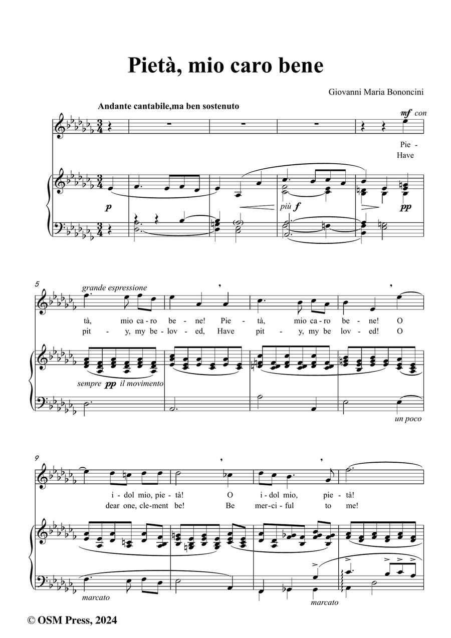 G. M. Bononcini-Pieta,mio caro bene,in a flat minor Piano, Vocal scores gallery preview page 2