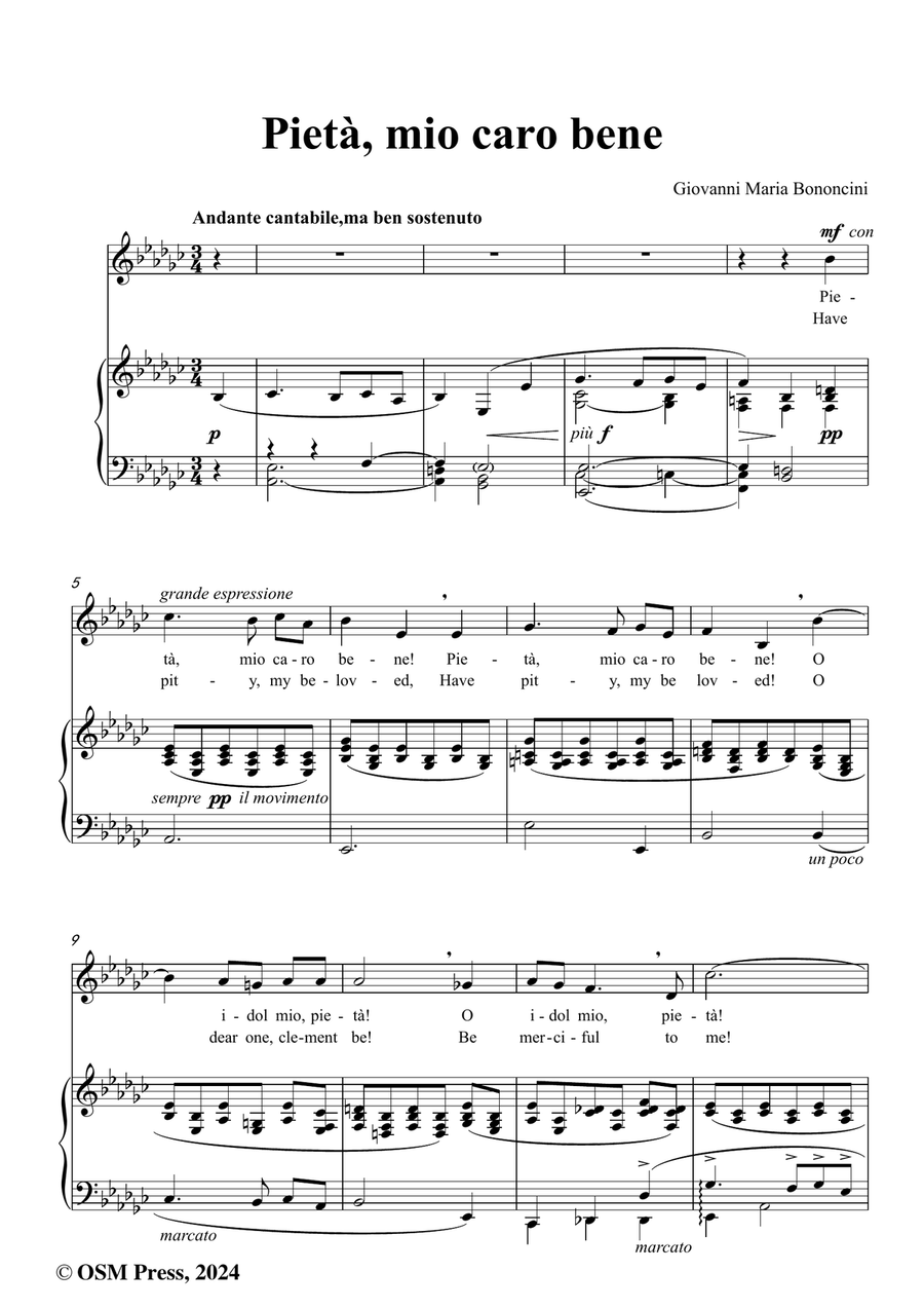 G. M. Bononcini-Pieta,mio caro bene,in e flat minor Piano, Vocal scores gallery preview page 2