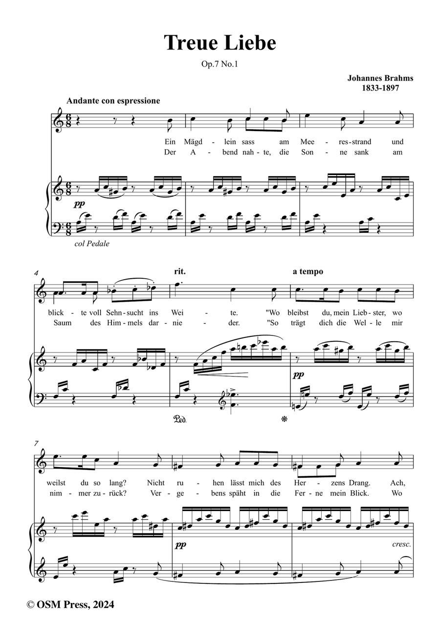 Brahms-Treue Liebe,in a minor Piano, Vocal scores gallery preview page 2