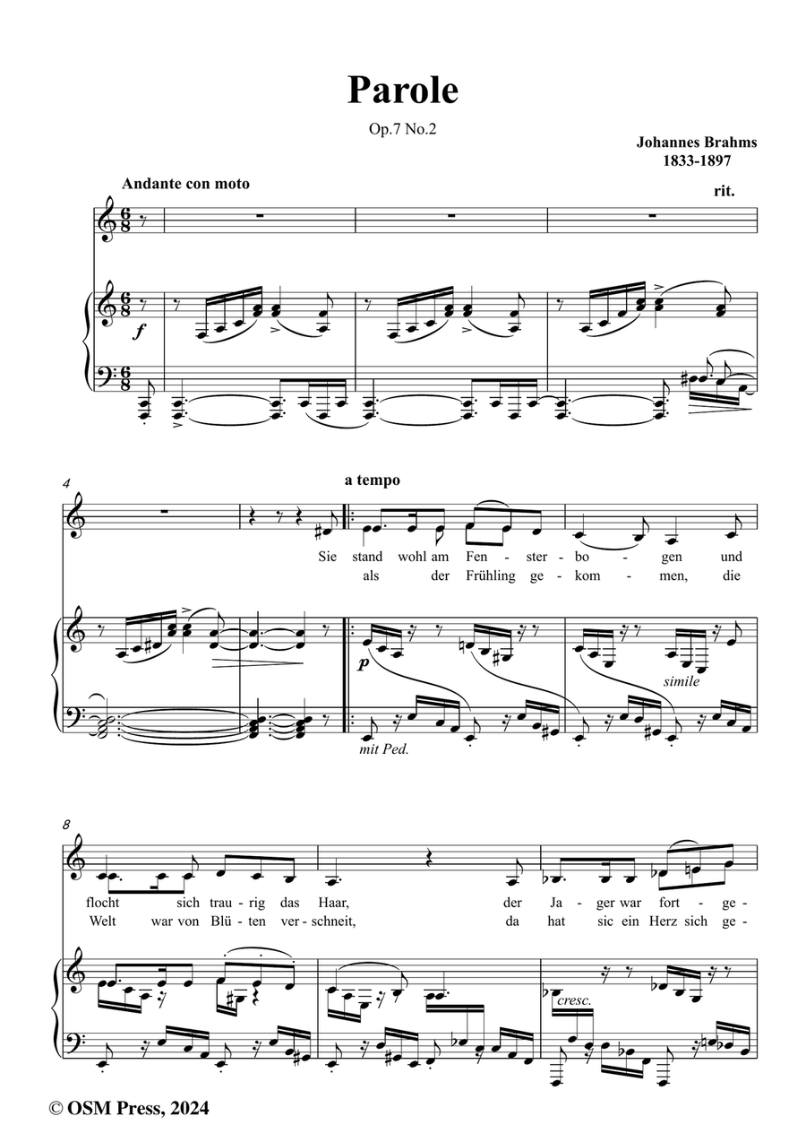 Brahms-Parole,Op.7 No.2,in a minor Piano, Vocal scores gallery preview page 2