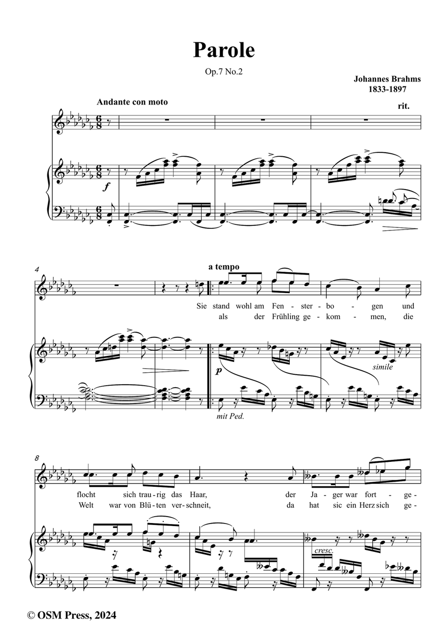 Brahms-Parole,Op.7 No.2,in a flat minor Piano, Vocal scores gallery preview page 2