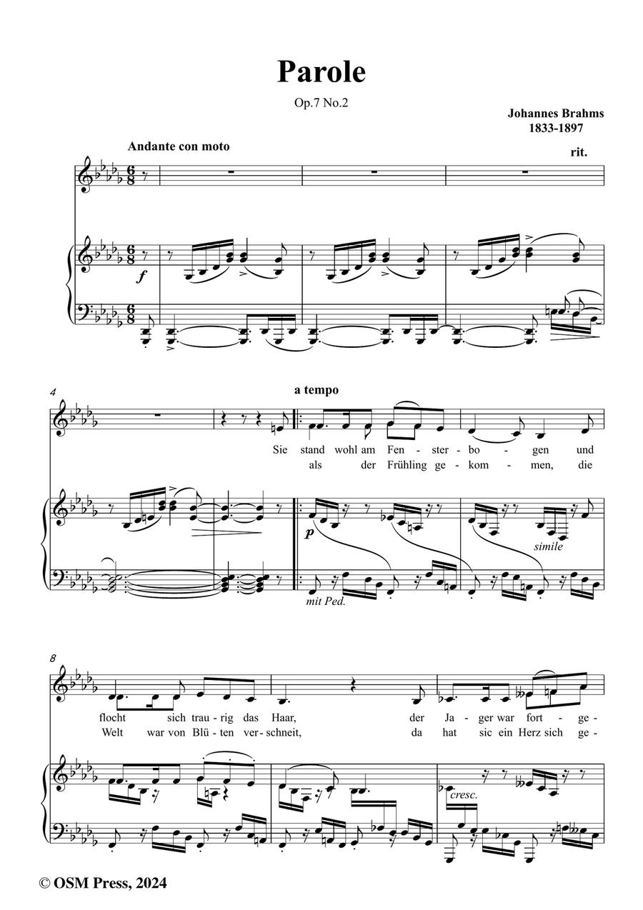 Brahms-Parole,Op.7 No.2,in b flat minor Piano, Vocal scores gallery preview page 2