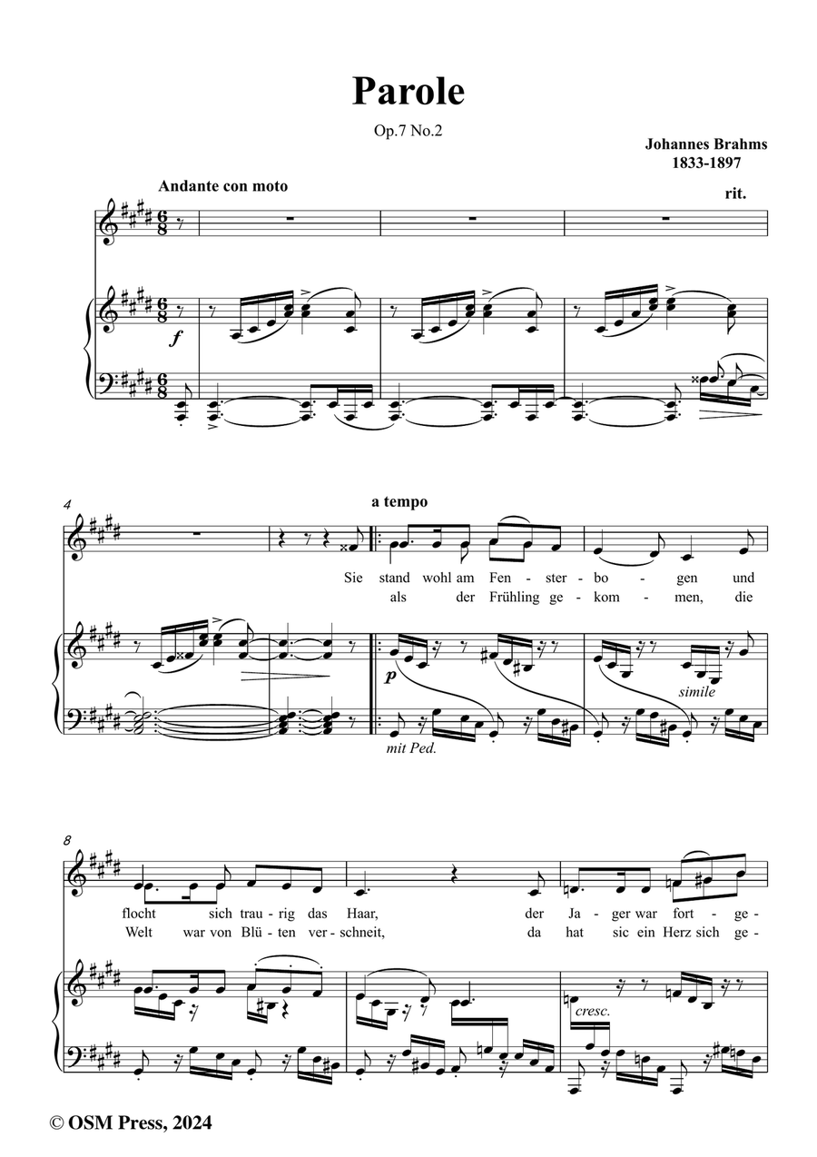 Brahms-Parole,Op.7 No.2,in c sharp minor Piano, Vocal scores gallery preview page 2