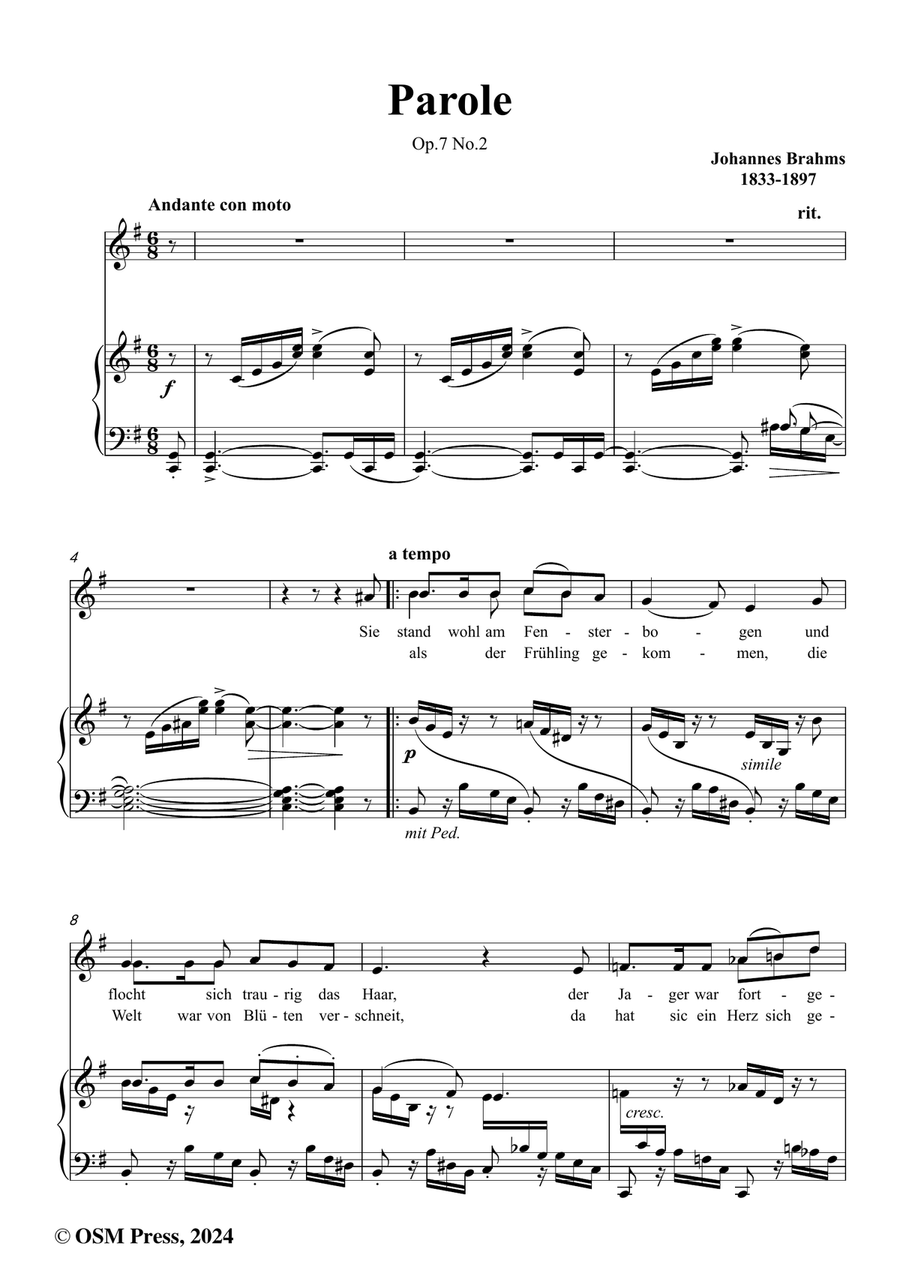 Brahms-Parole,Op.7 No.2,in e minor Piano, Vocal scores gallery preview page 2