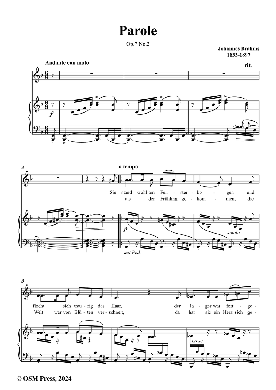 Brahms-Parole,Op.7 No.2,in d minor Piano, Vocal scores gallery preview page 2
