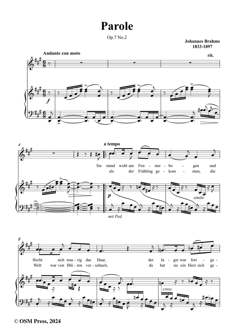 Brahms-Parole,Op.7 No.2,in f sharp minor Piano, Vocal scores gallery preview page 2