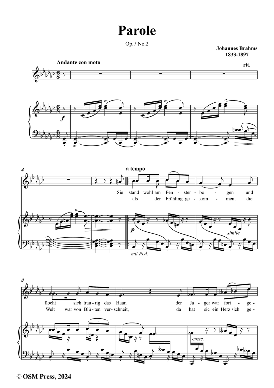Brahms-Parole,Op.7 No.2,in e flat minor Piano, Vocal scores gallery preview page 2