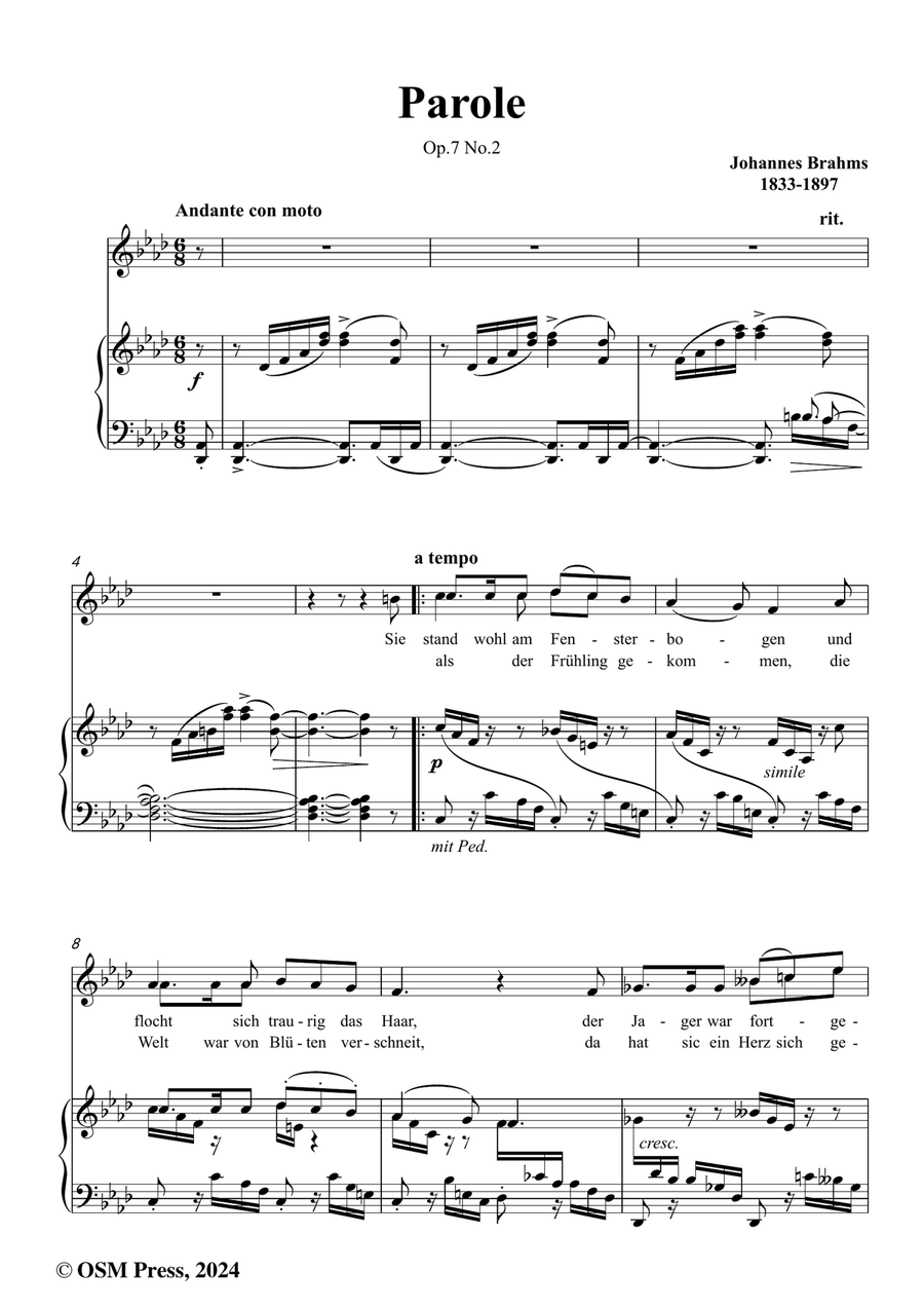 Brahms-Parole,Op.7 No.2,from 6 Songs,in f minor Piano, Vocal scores gallery preview page 2