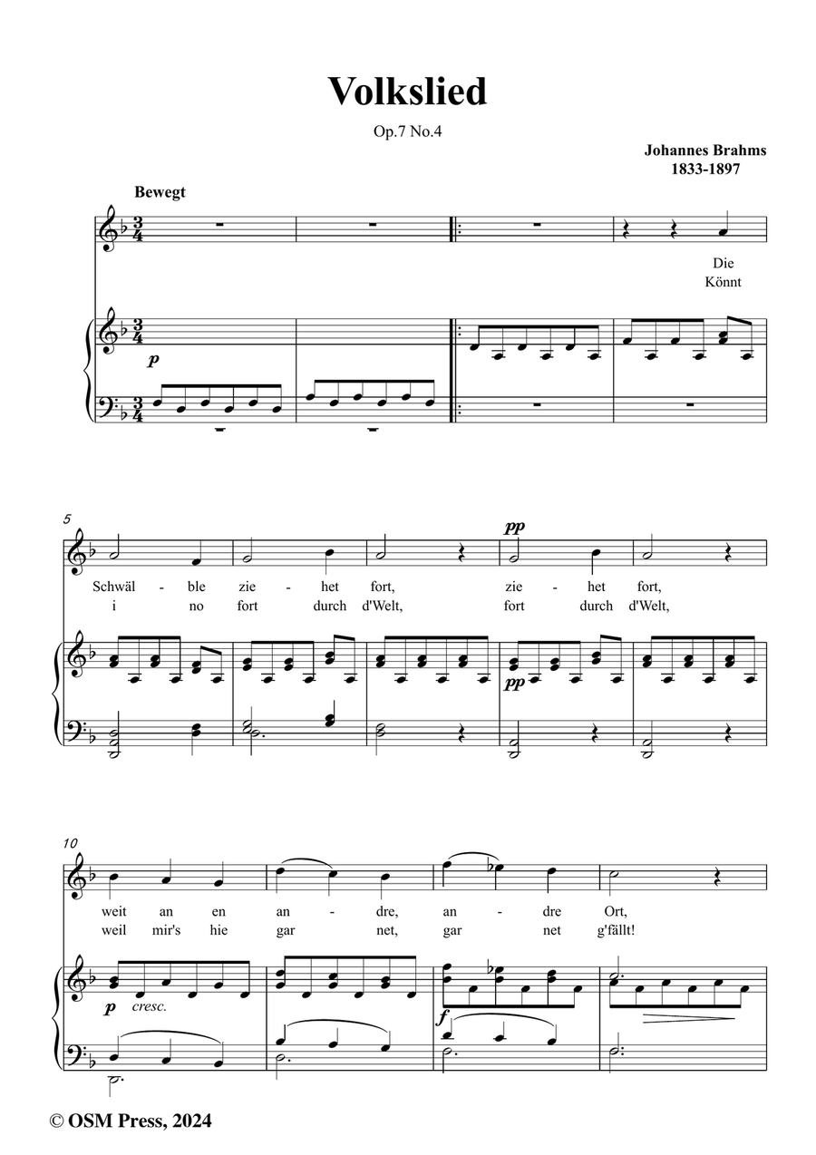 Brahms-Volkslied,Op.7 No.4,in d minor Piano, Vocal scores gallery preview page 2