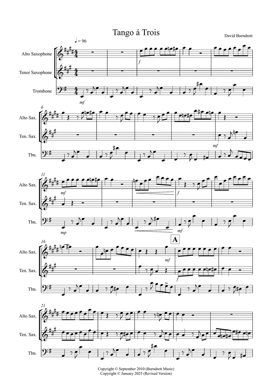 Tango a Trios for Alto and Tenor Saxophone and Trombone Trio Small Ensemble scores gallery preview page 1