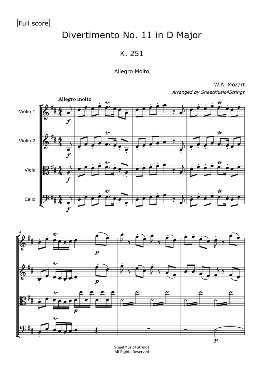 Mozart, W. A. - Divertimento No. 11, K. 251 (Arranged for String Quartet) String Quartet scores gallery preview page 2
