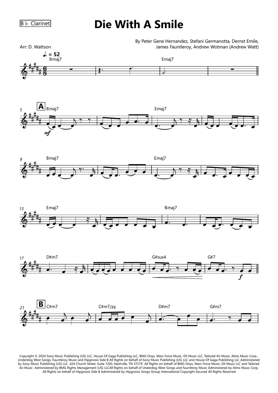 Die With A Smile Die With A Smile B-Flat Clarinet scores gallery preview page 1