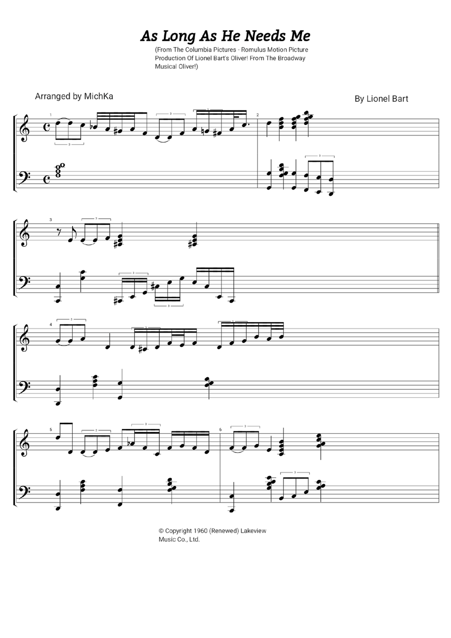 As Long As He Needs Me As Long As He Needs Me Piano Solo scores gallery preview page 1