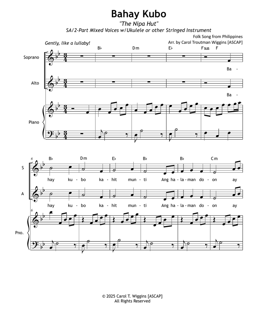 Bahay Kubo (SA/2-Part Mixed Voices with Ukulele/Stringed Instrument) SA scores gallery preview page 1