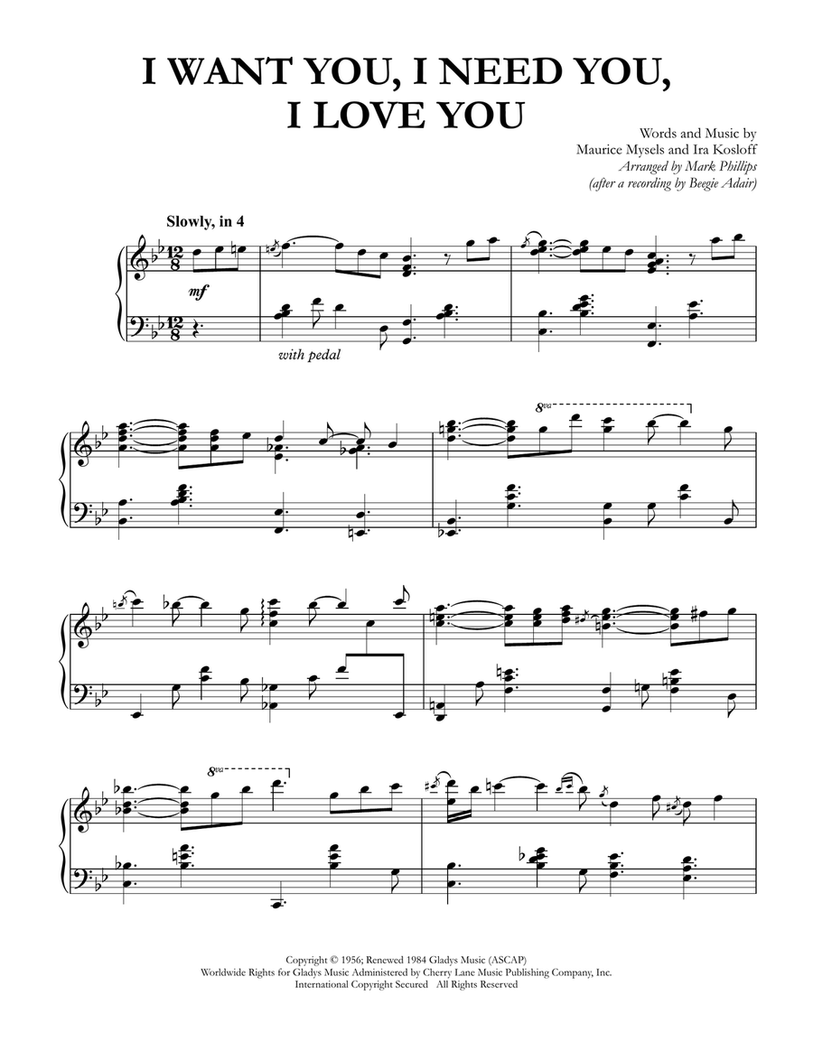 I Want You, I Need You, I Love You Piano Solo scores gallery preview page 1