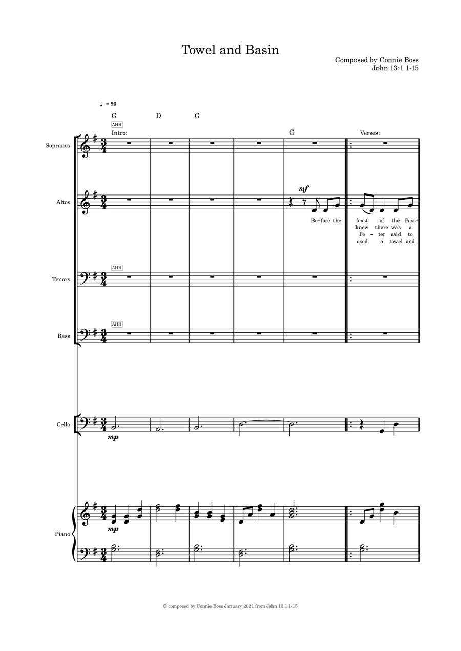 Towel and Basin (Holy Thursday) SATB cello or flute or violin and piano 4-Part scores gallery preview page 1
