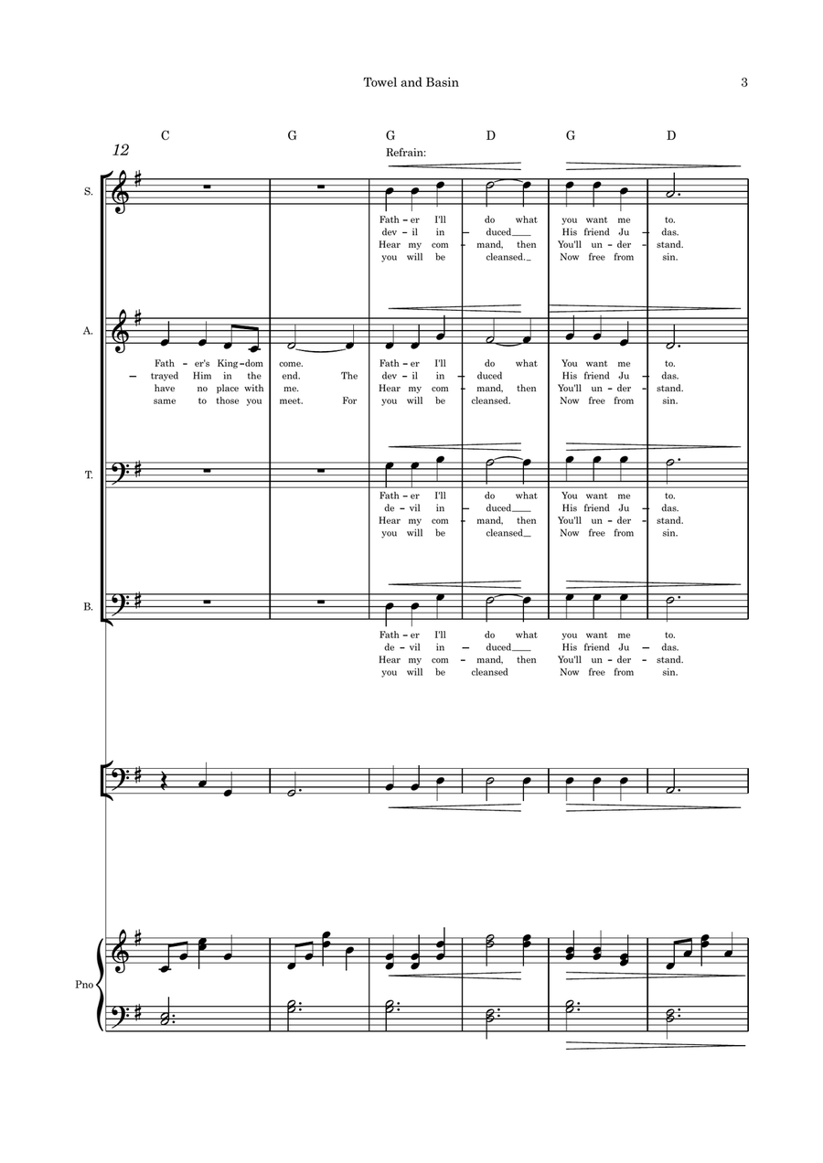 Towel and Basin (Holy Thursday) SATB cello or flute or violin and piano 4-Part scores gallery preview page 3