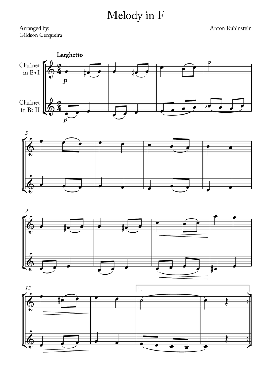 Melody in F Melody in F Clarinet Duet scores gallery preview page 1