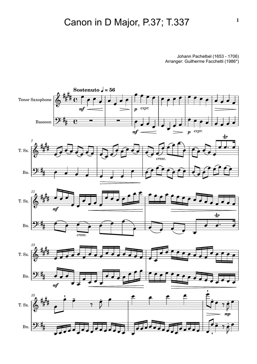 Canon in D Major, P.37; T.337. Arranged for Tenor Sax and Bassoon. Woodwind Duet scores gallery preview page 1