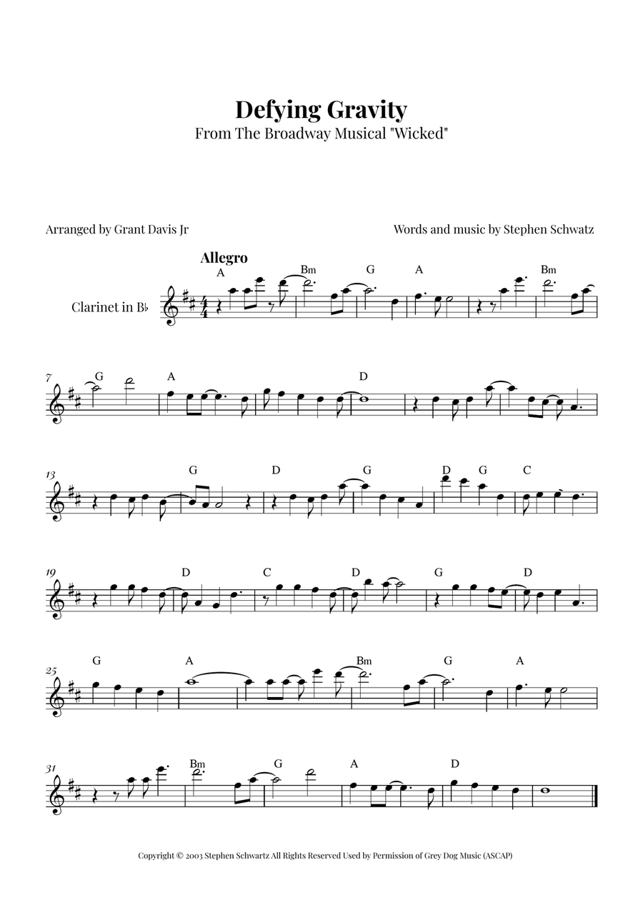 Defying Gravity B-Flat Clarinet scores gallery preview page 1