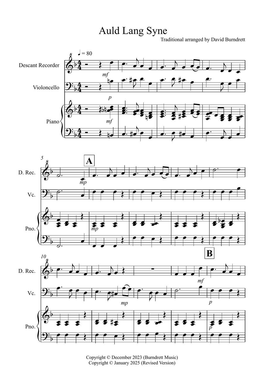 Auld Lang Syne for Descant Recorder and Cello Duet Soprano Recorder scores gallery preview page 1