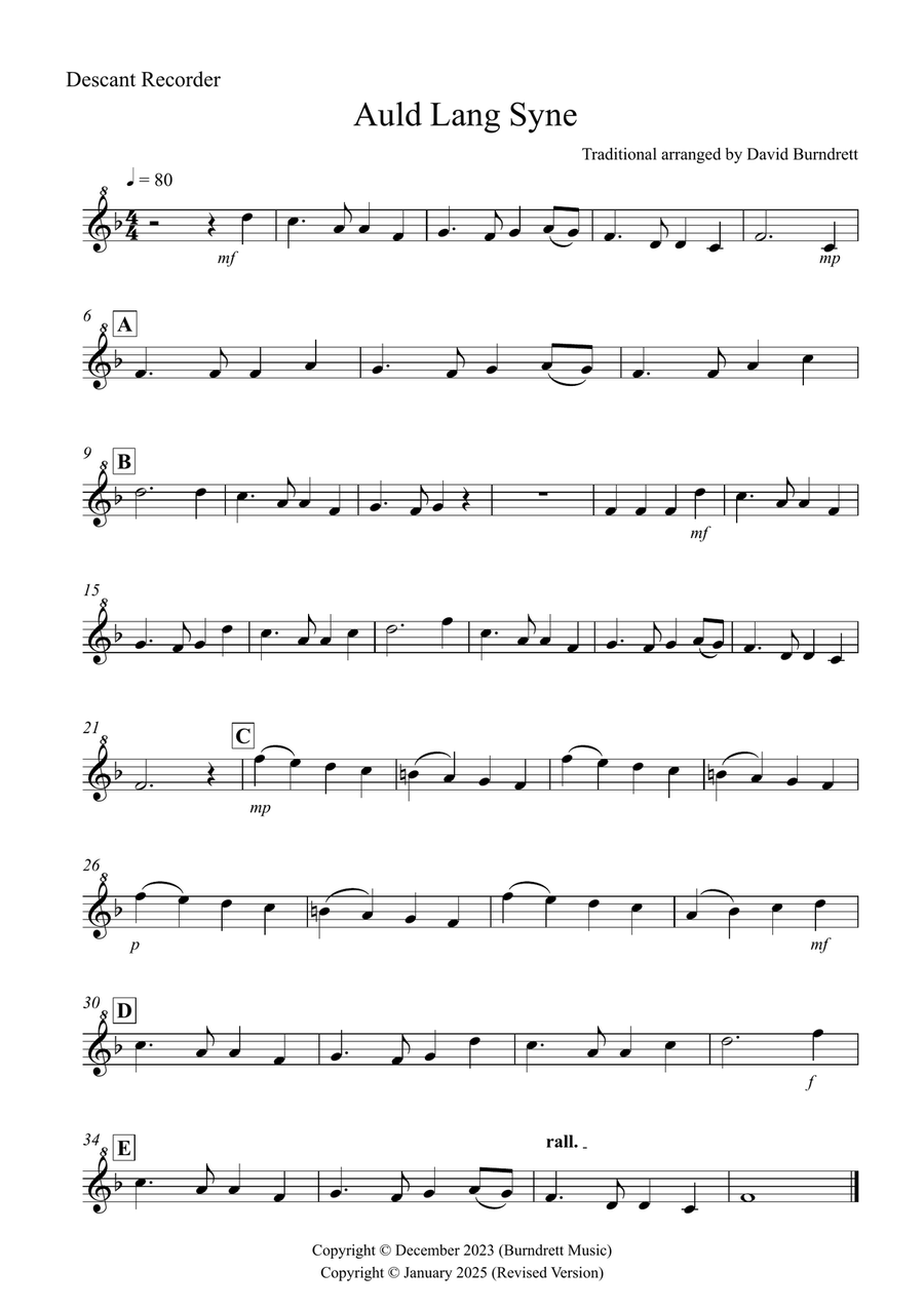 Auld Lang Syne for Descant Recorder and Cello Duet Soprano Recorder scores gallery preview page 4