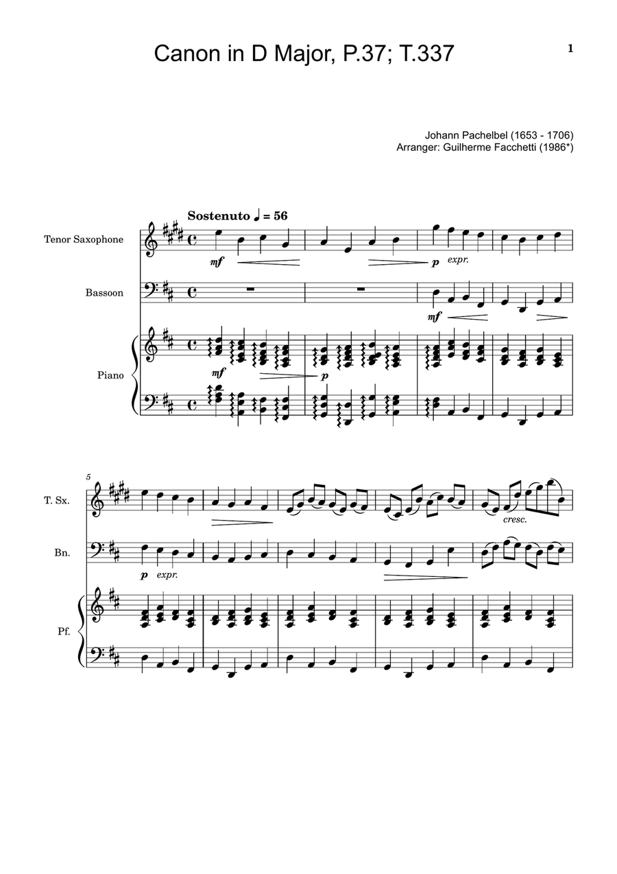 Canon in D Major, P.37; T.337. T. Sax, Bassoon, and Piano. Score and Parts. Woodwind Duet scores gallery preview page 1