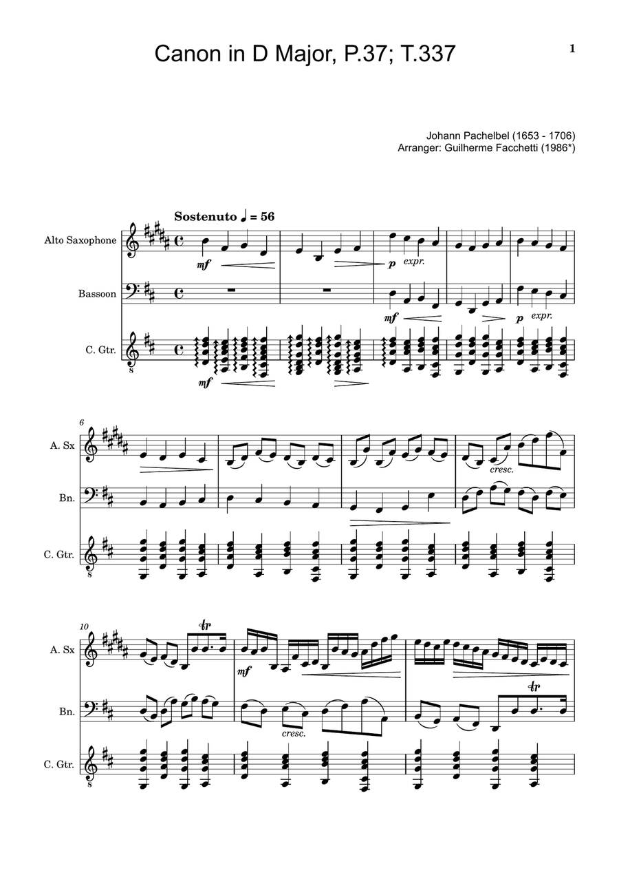 Canon in D Major, P.37; T.337. A. Sax, Bassoon, and Guitar. Score and Parts. Chamber Music scores gallery preview page 1