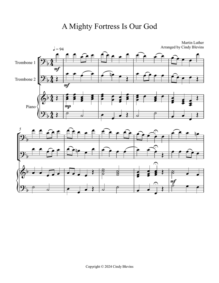 A Mighty Fortress Is Our God, for Two Trombones and Piano Trombone Duet scores gallery preview page 2