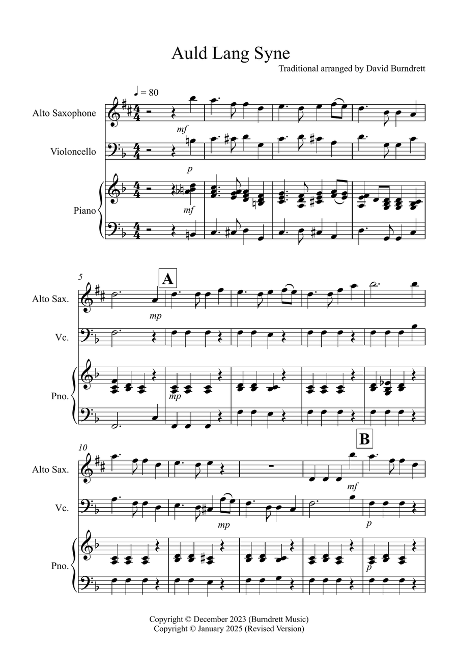 Auld Lang Syne for Alto Saxophone and Cello Duet Alto Saxophone scores gallery preview page 1