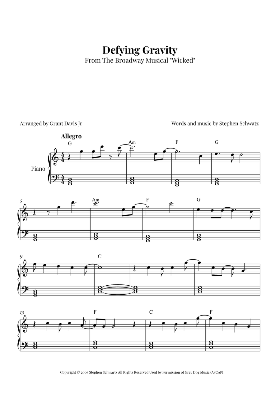 Defying Gravity Easy Piano scores gallery preview page 1