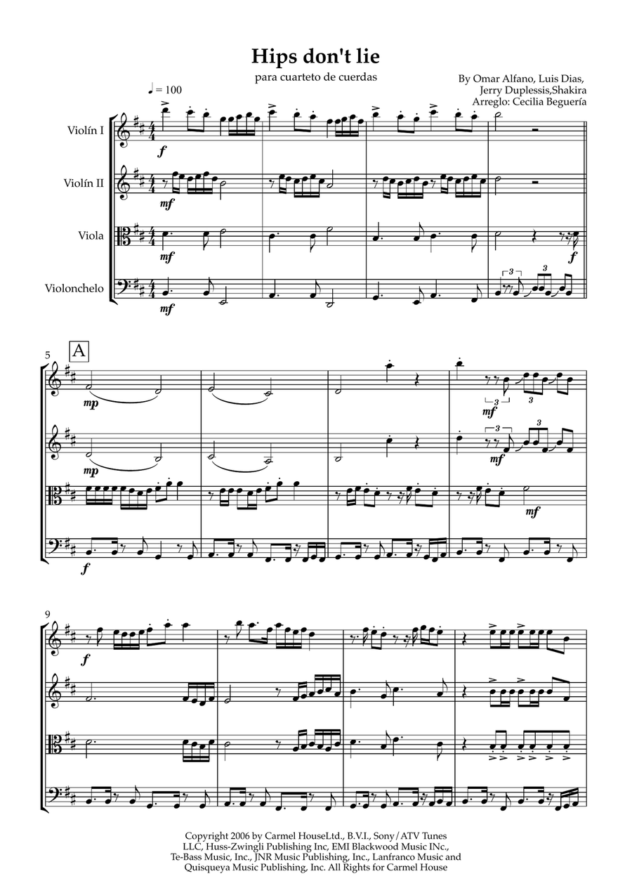 Hips Don't Lie Hips Don't Lie String Quartet scores gallery preview page 1