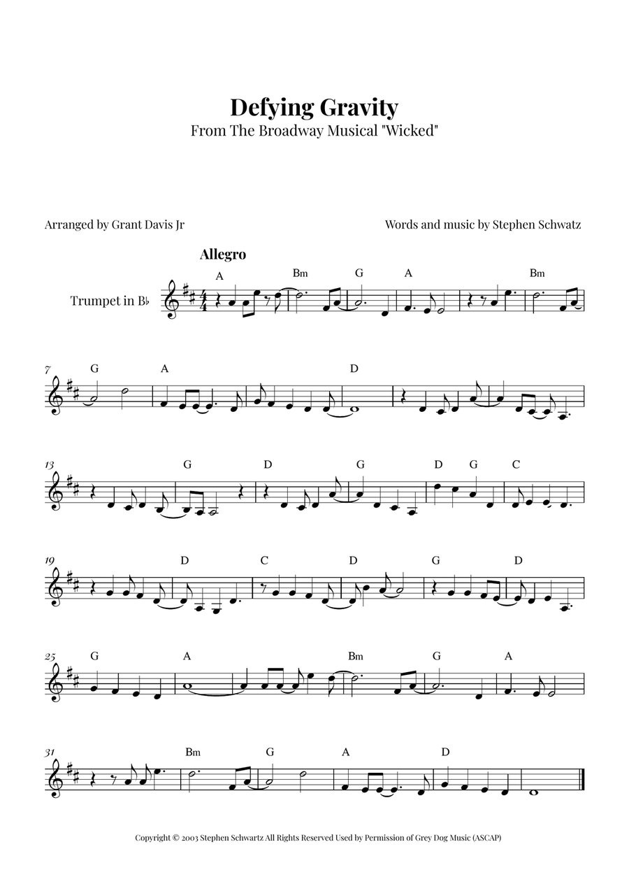 Defying Gravity B-Flat Trumpet scores gallery preview page 1
