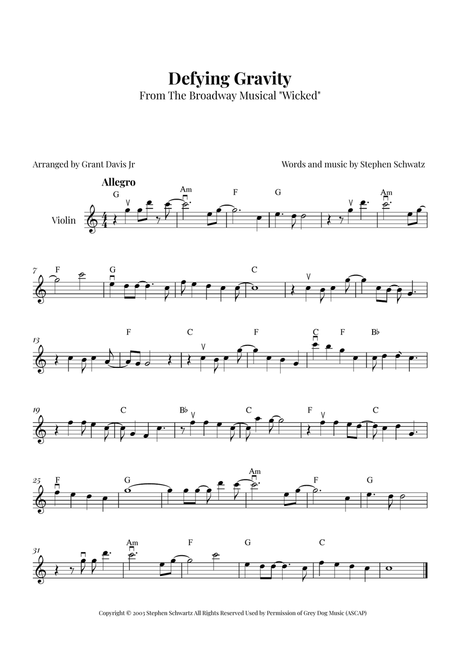 Defying Gravity Violin Solo scores gallery preview page 1