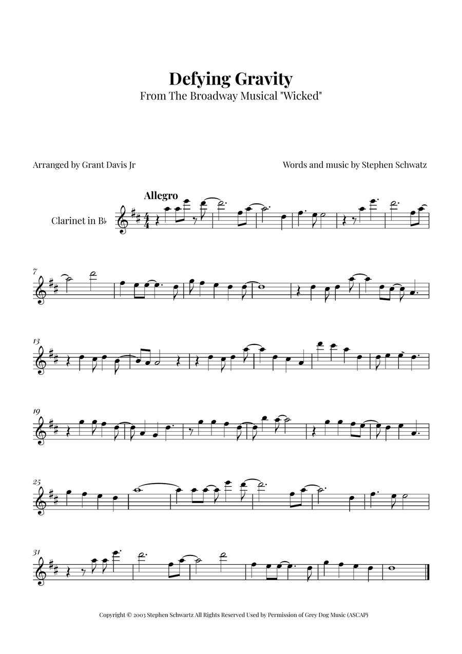 Defying Gravity B-Flat Clarinet scores gallery preview page 1