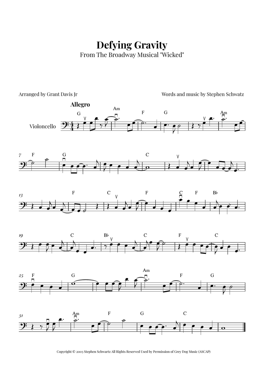 Defying Gravity Cello Solo scores gallery preview page 1