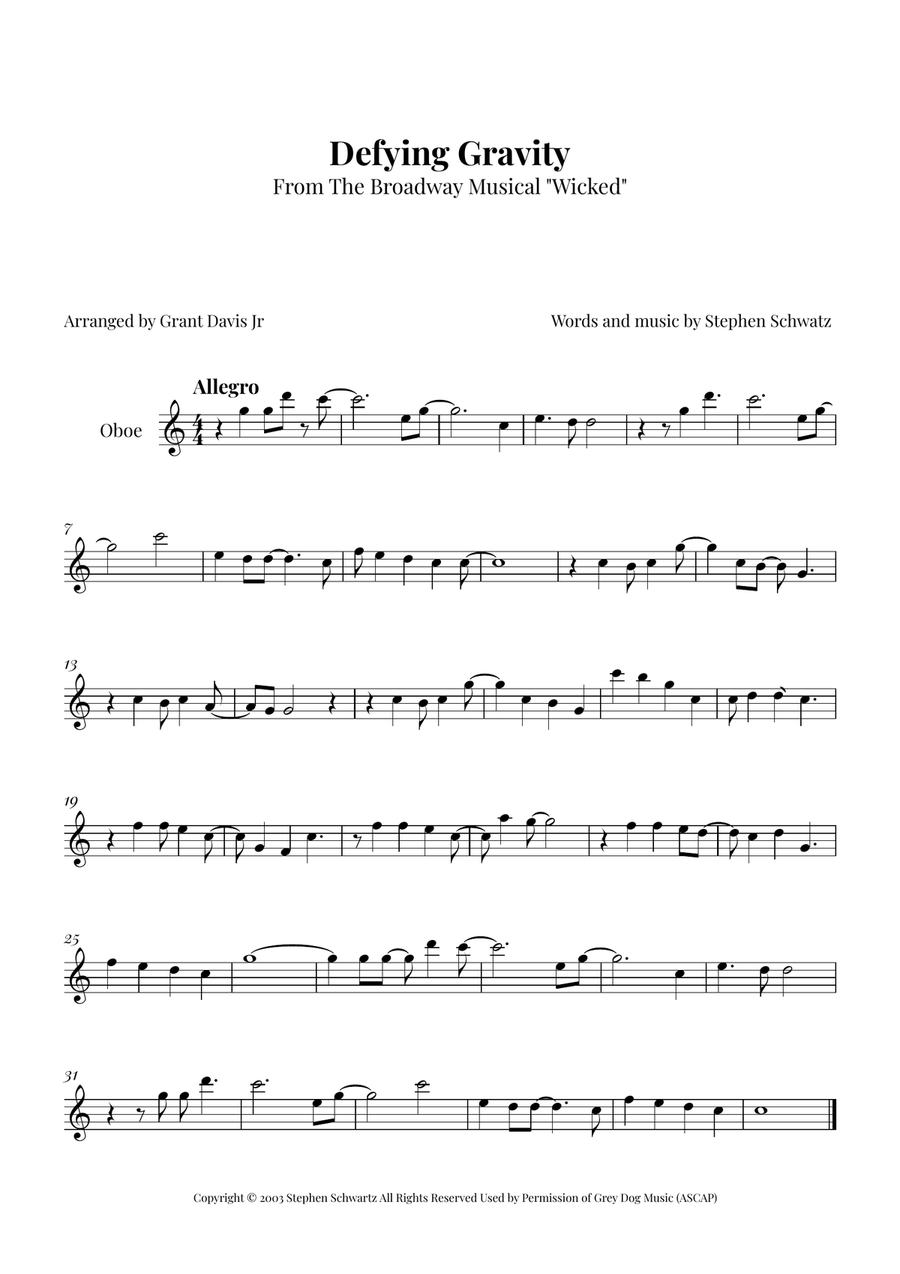 Defying Gravity Oboe Solo scores gallery preview page 1