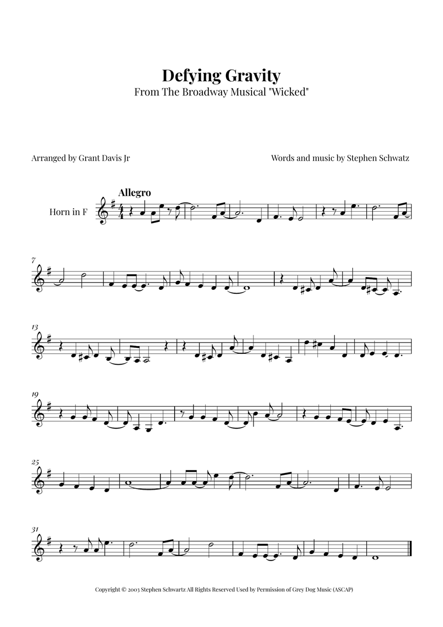 Defying Gravity Horn Solo scores gallery preview page 1