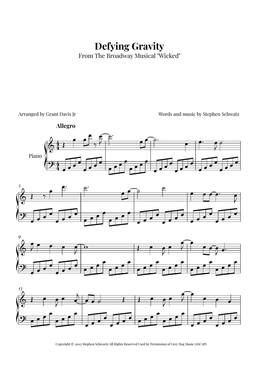 Defying Gravity Easy Piano scores gallery preview page 1
