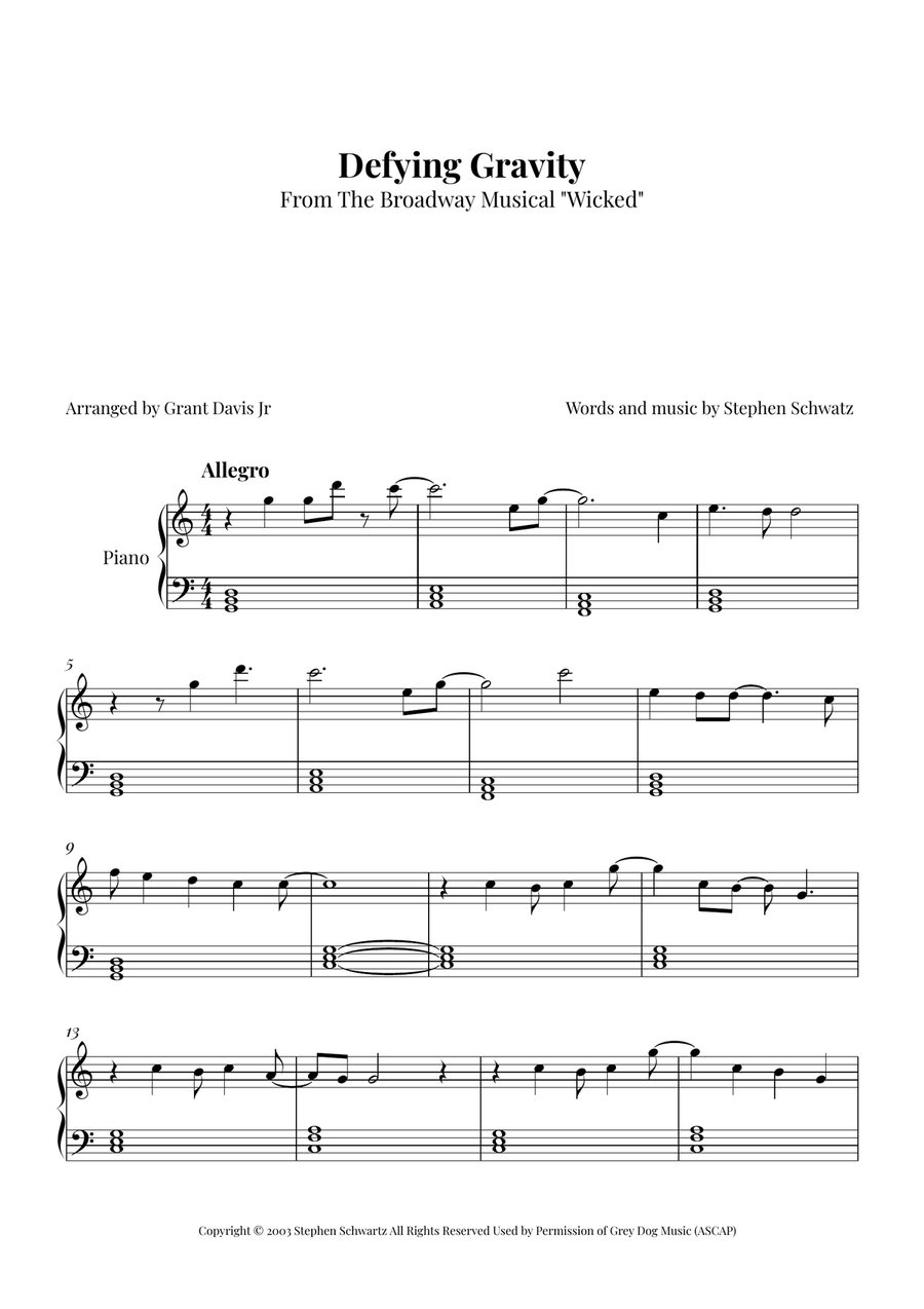 Defying Gravity Easy Piano scores gallery preview page 1