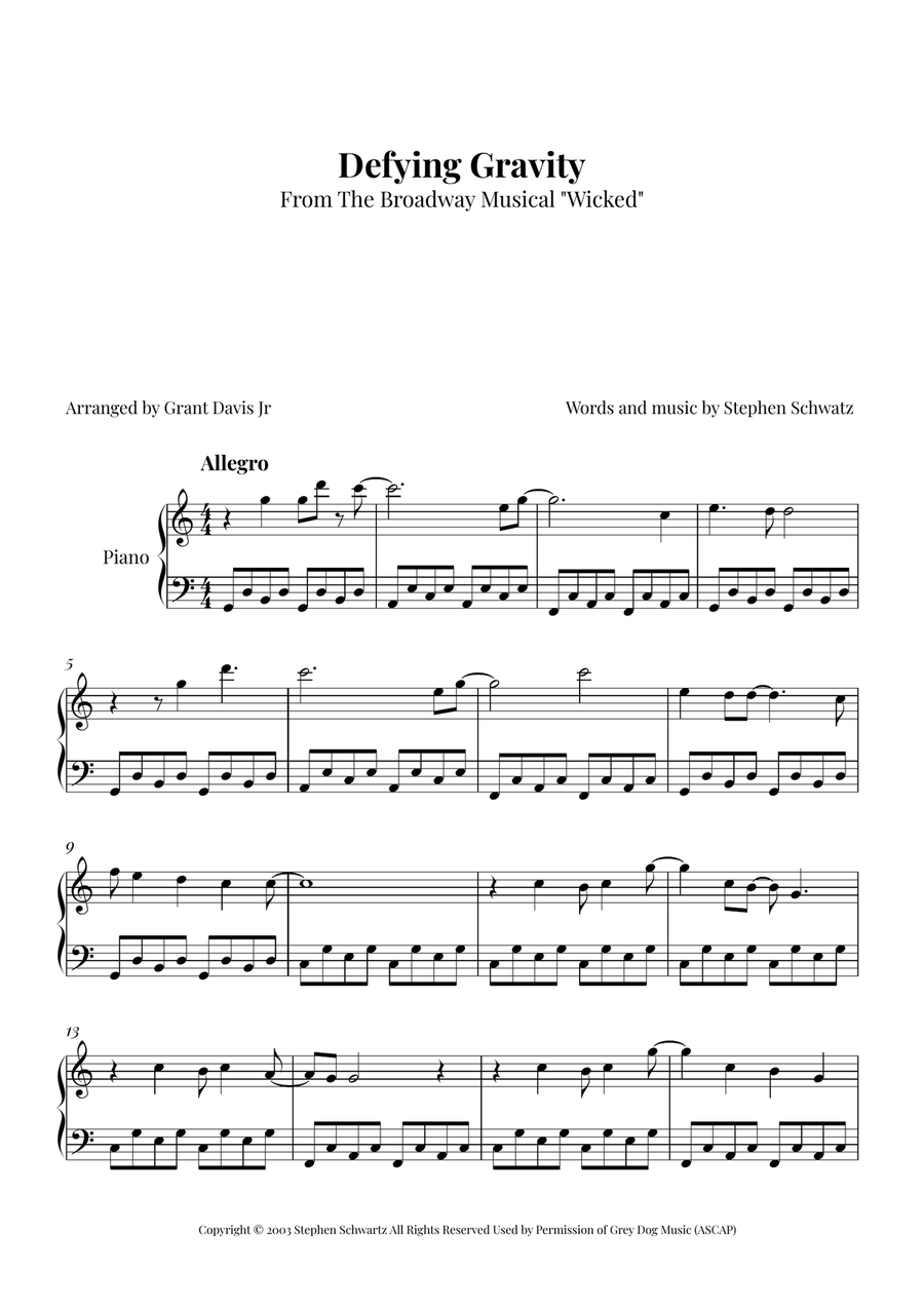 Defying Gravity Easy Piano scores gallery preview page 1