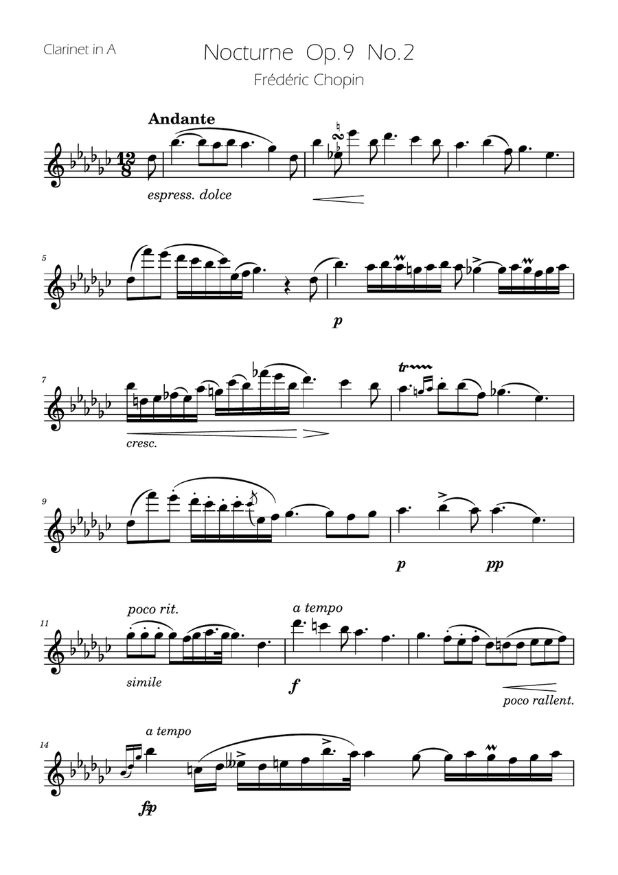 Chopin - Nocturne op.9 No.2 - Clarinet in A Solo A Clarinet scores gallery preview page 1