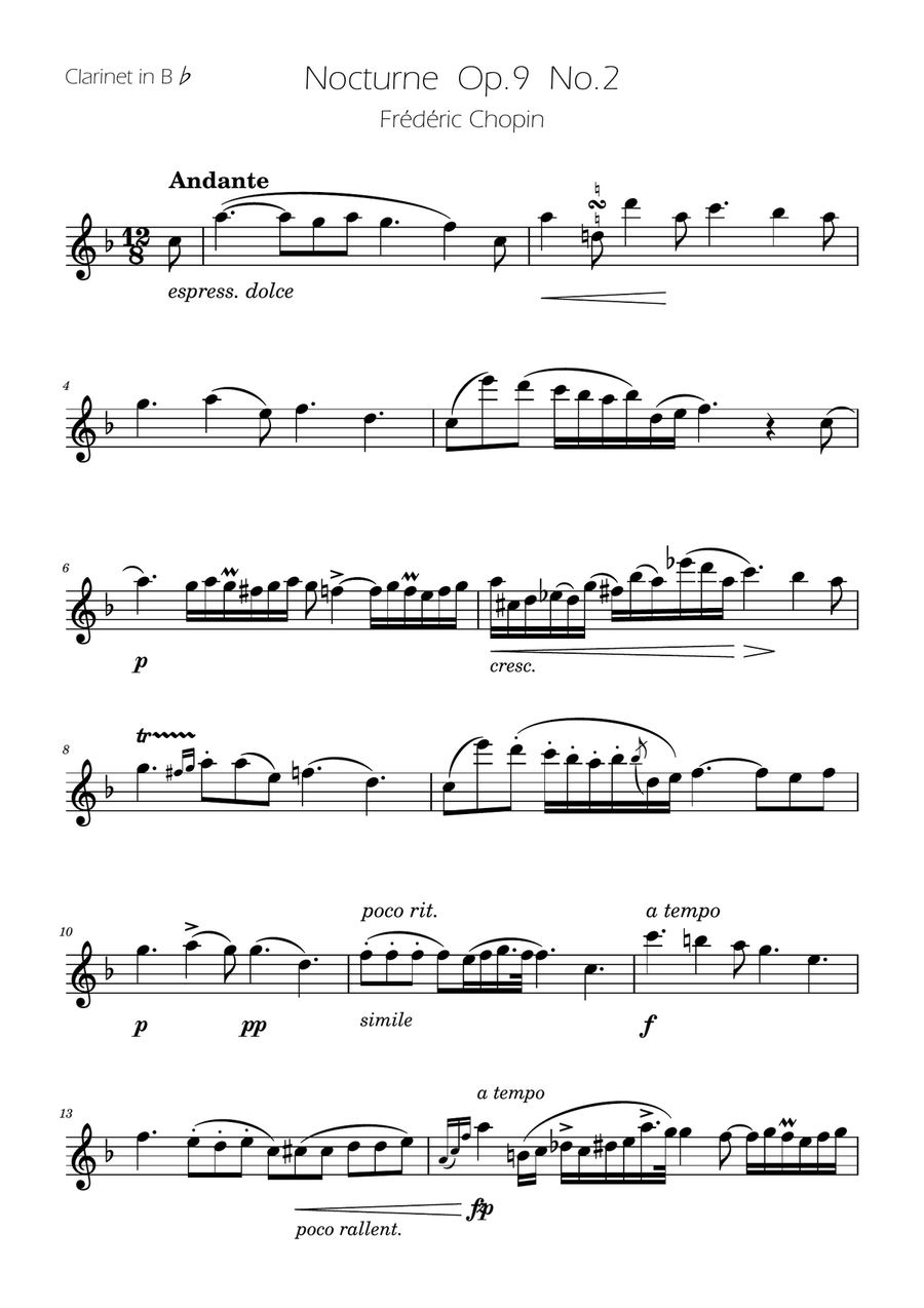Chopin - Nocturne op.9 No.2 - Clarinet Solo B-Flat Clarinet scores gallery preview page 1