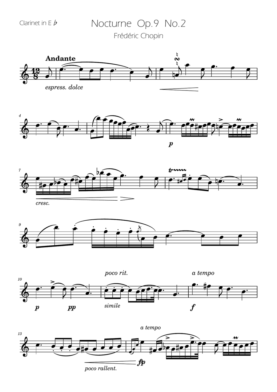 Chopin - Nocturne op.9 No.2 - Clarinet in Eb Solo E-Flat Clarinet scores gallery preview page 1