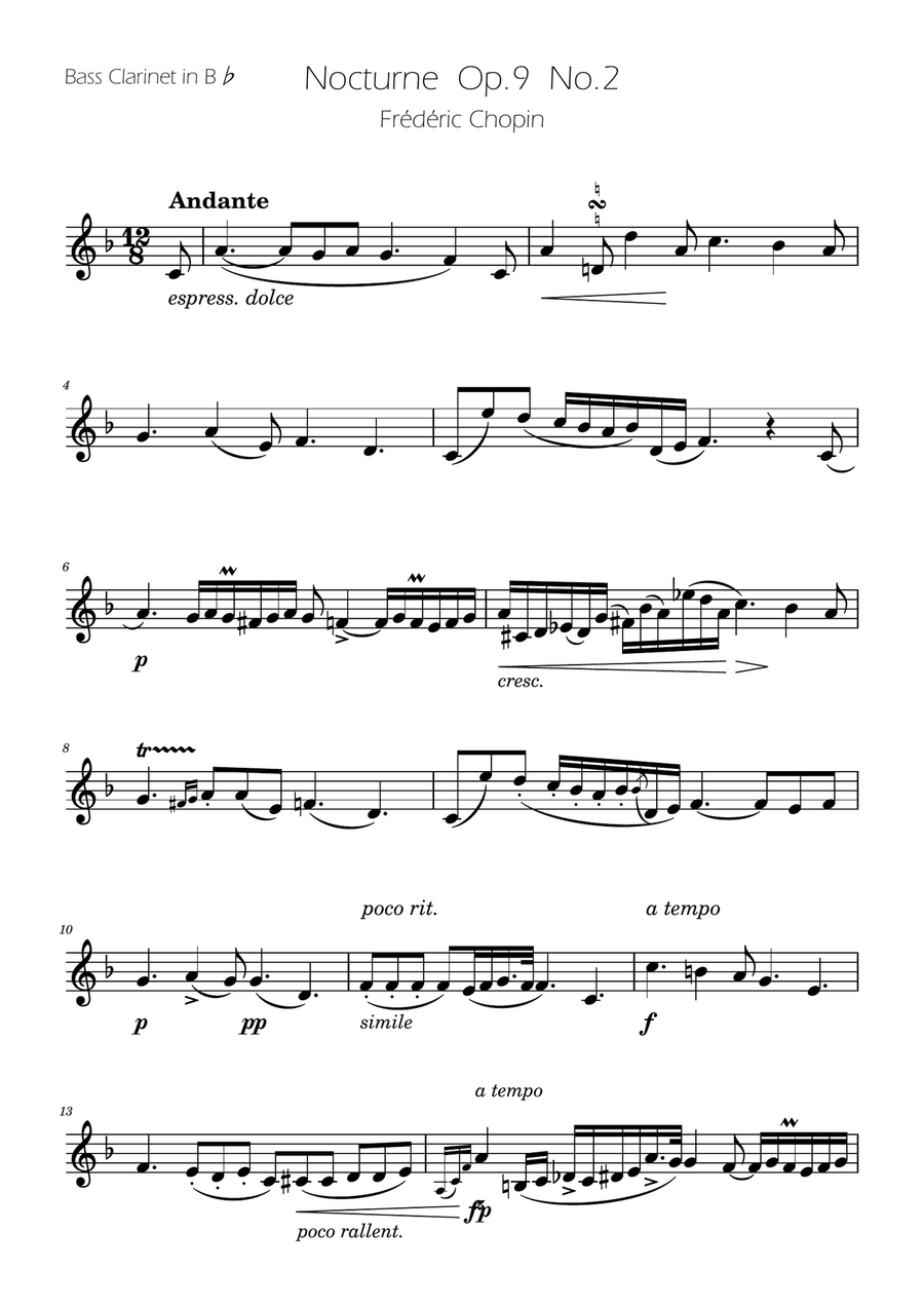 Chopin - Nocturne op.9 No.2 - Bass Clarinet Solo Bass Clarinet scores gallery preview page 1