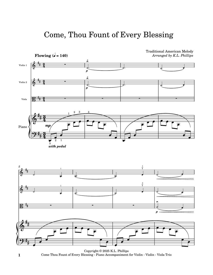 Come, Thou Fount of Every Blessing (Violin - Violin - Viola Trio with Piano Accompaniment) String Trio scores gallery preview page 2