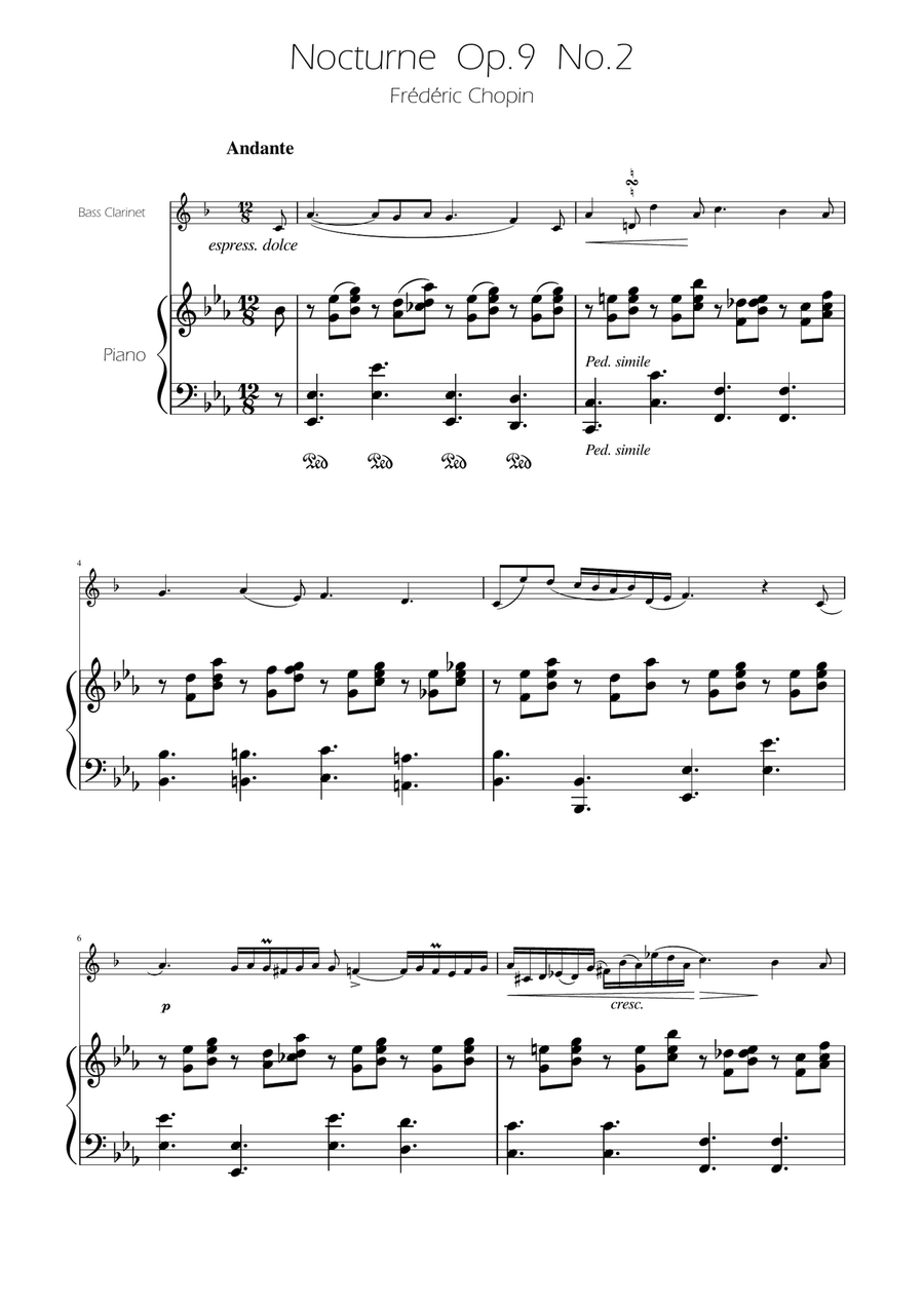 Chopin - Nocturne op.9 No.2 - Bass Clarinet Solo w/Piano Bass Clarinet scores gallery preview page 1
