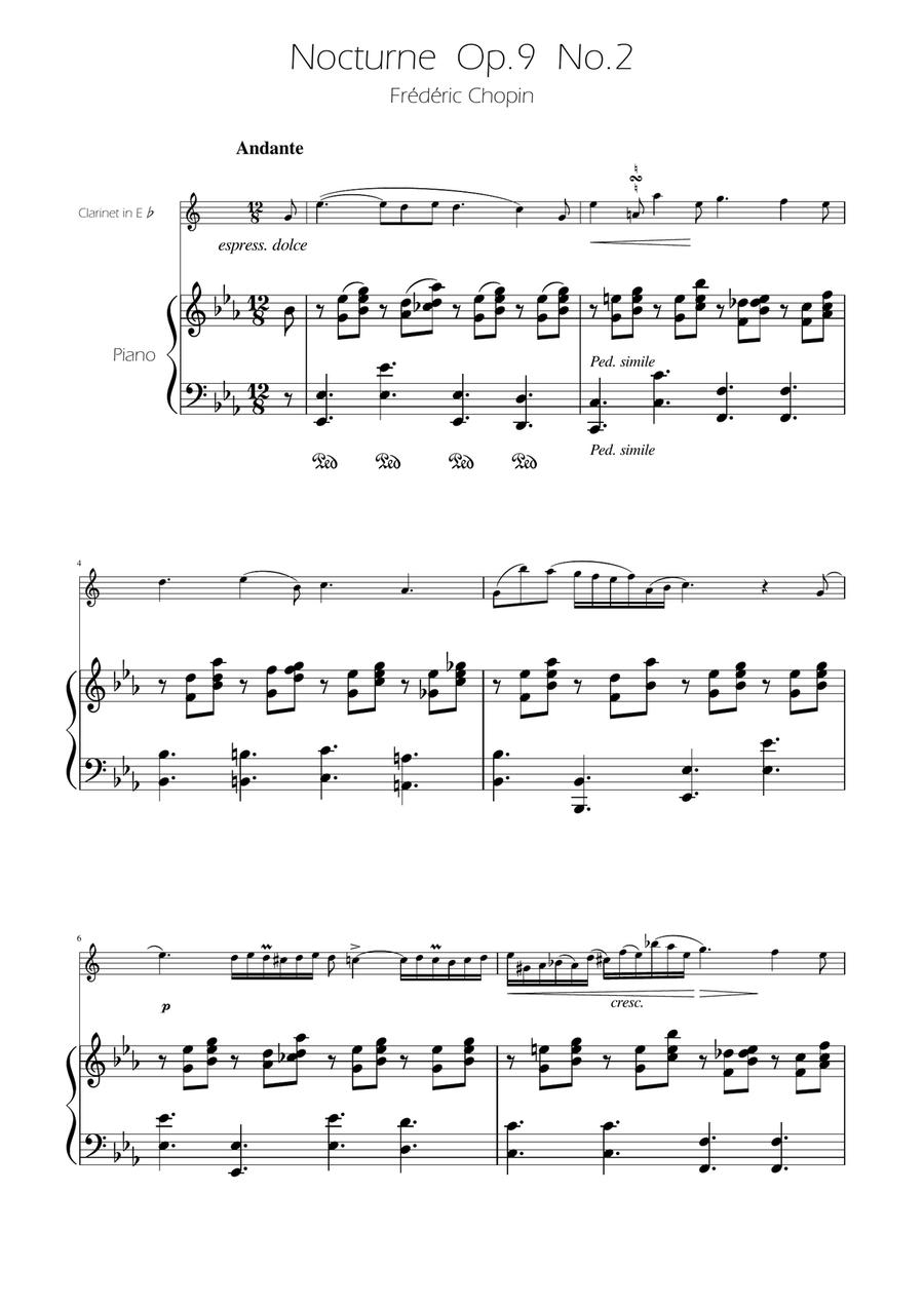 Chopin - Nocturne op.9 No.2 - Clarinet in Eb Solo w/Piano E-Flat Clarinet scores gallery preview page 1