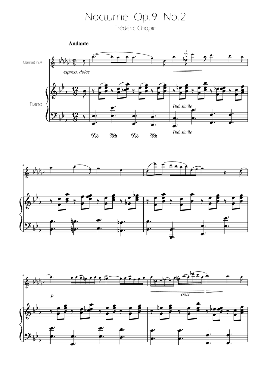 Chopin - Nocturne op.9 No.2 - Clarinet in A Solo w/Piano A Clarinet scores gallery preview page 1